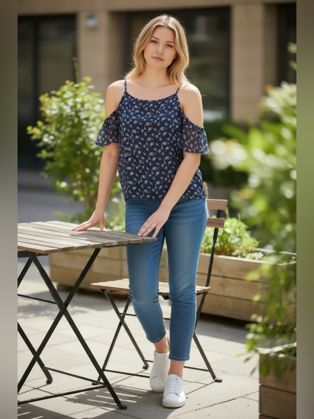 Nine Britton Navy Floral Cold Shoulder Blouse